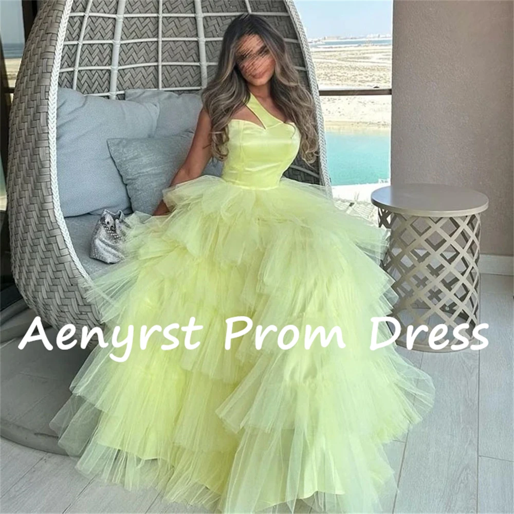 Aenyrst Yellow One Shoulder Prom Dresses A Line Tulle Tiered Evening Gowns Floor Length Dinner Party Dress Elegant فساتين السهرة