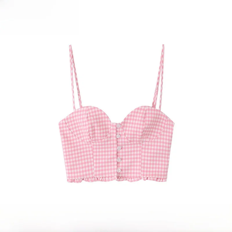 Fashionable Heart Collar Short Shirt Women's Clothing Spring Summer New Arrival Small Grid Pattern Polyester Fiber Vest