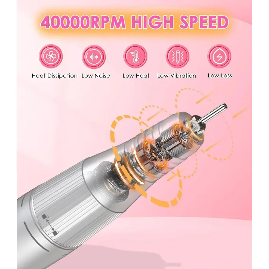 휴대용 전동 네일 드릴, 40000RPM 고속 모터 탑재, 전문가용 아크릴 네일 제거, 젤 폴리쉬 스트리핑 및 매니큐어용