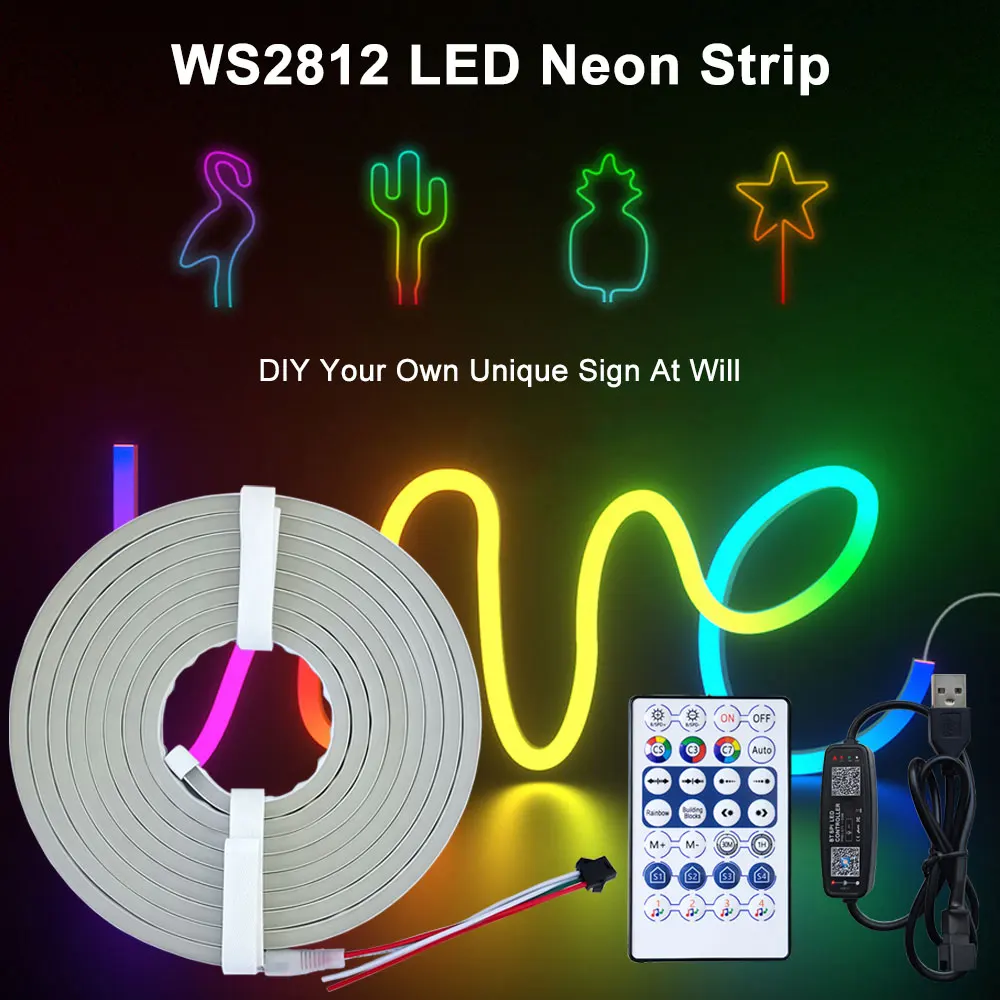 DC5V LED Neon Strip Silicone Gel Sign WS2812B RGBIC Flexible Soft Fairy Light 28Keys Remote Blutooth App Control Waterproof IP67