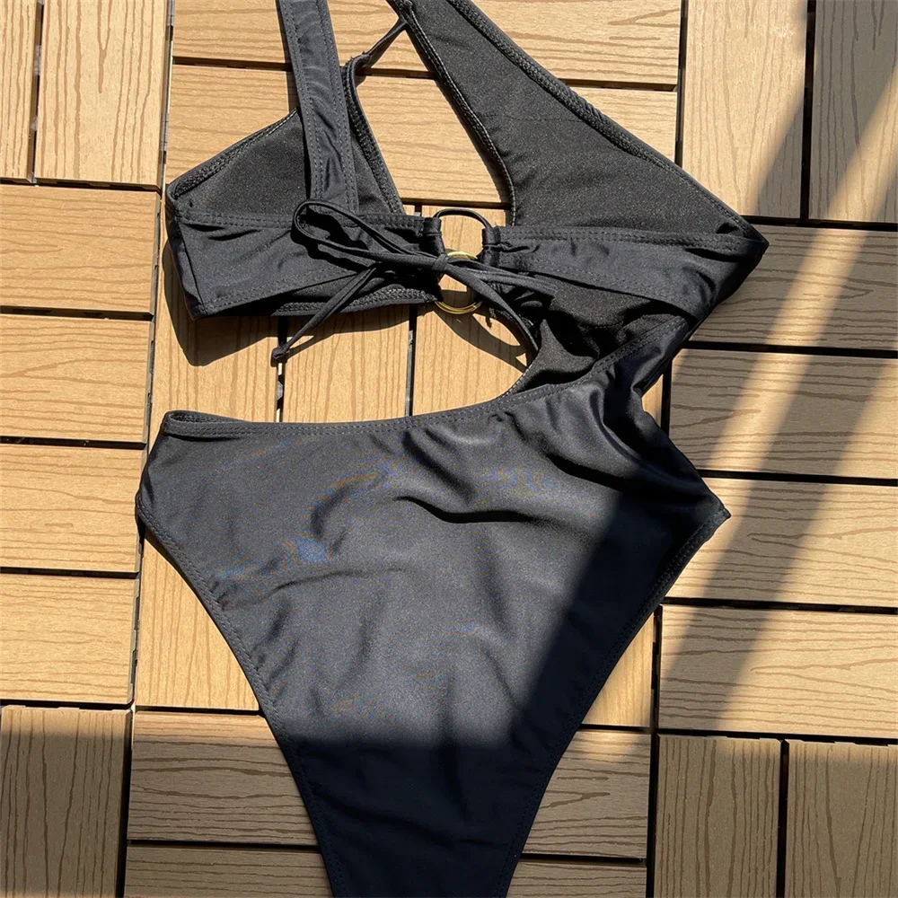 섹시한 검은 수영복 원 숄더 비키니 불규칙한 컷 아웃 수영복 레이스 업 여성 원피스 비치 수영복 비키니 세트 복장