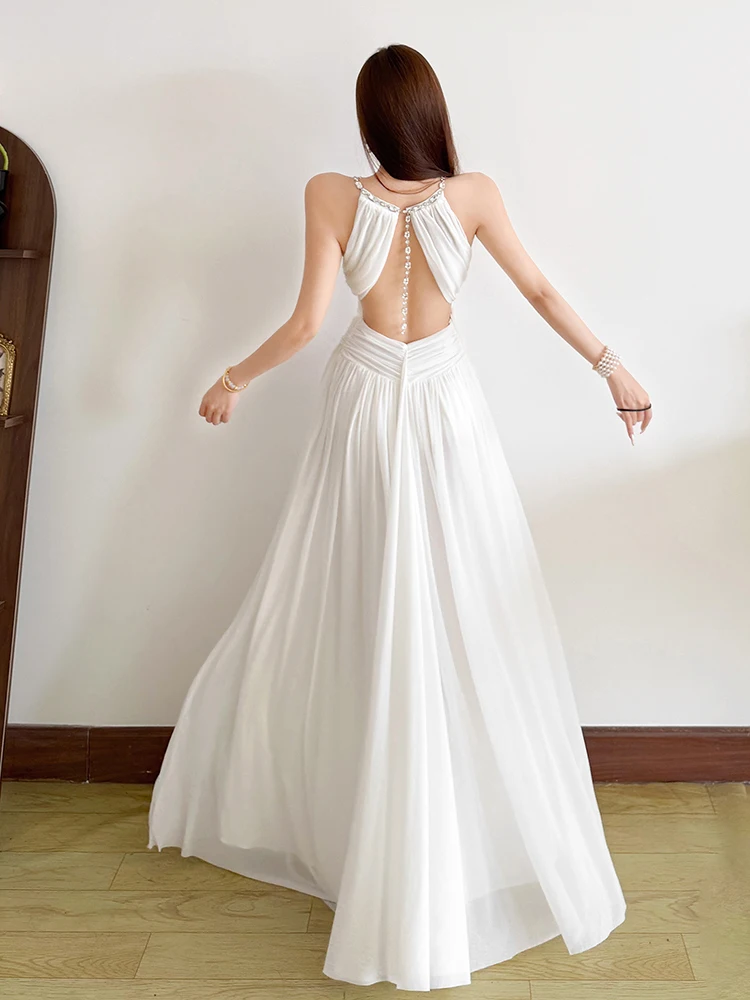 

Sisterlinda Backless Sexy Hottie Dress Women Beaded Chain Folds Sleeveless o-Neck Elegant Birthday Party Vacation Trend Vestidos