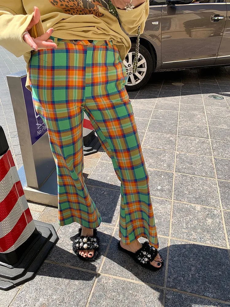 

Женские брюки-клеш в клетку с высокой талией, хлопковые, осенняя коллекция, корейский стиль, для повседневной носки, с молнией, укороченные (7/8)