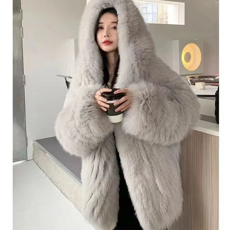 Faux Fox Fur Women's New Winter  Hooded Loose Slimming Fur Coat Trend Take It Easy Casual and Comfortable Warm and Smooth