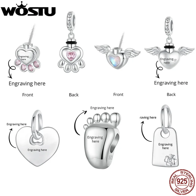 WOSTU 925 sterling Heart Charm Foot Print Beads Personalized Name Pet Memorial Urn Ashes Pendant Fit Original Bracelet DIY Gift