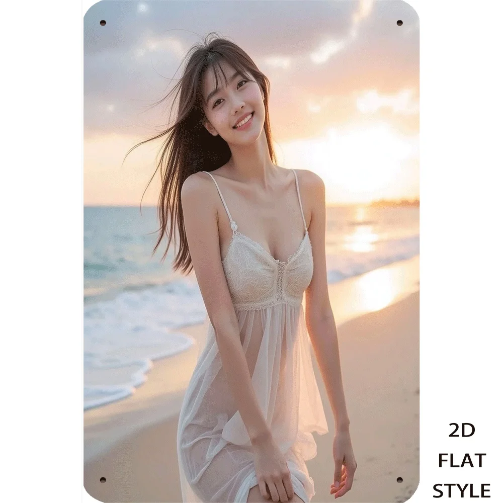 Letrero Metálico HD, Hermosa Mujer Asiática con Vestido Blanco Transparente en la Playa al Atardecer, Póster Metálico Vintage, Arte de Pared con Estética Veraniega