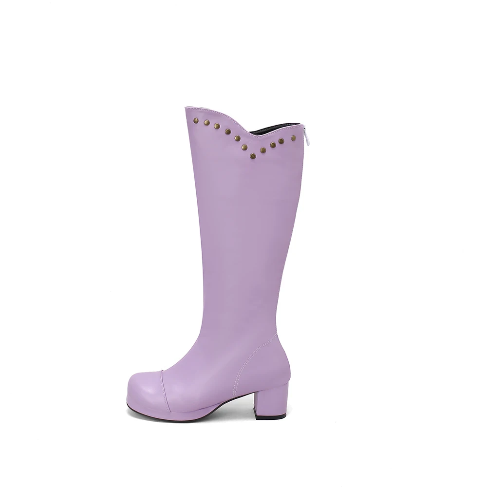  New Winter Comfortable White Purple Women Mid Calf  Boots Med Chunky Heels Lady Shoes Plus Small Big Size 13 30 43 46 50