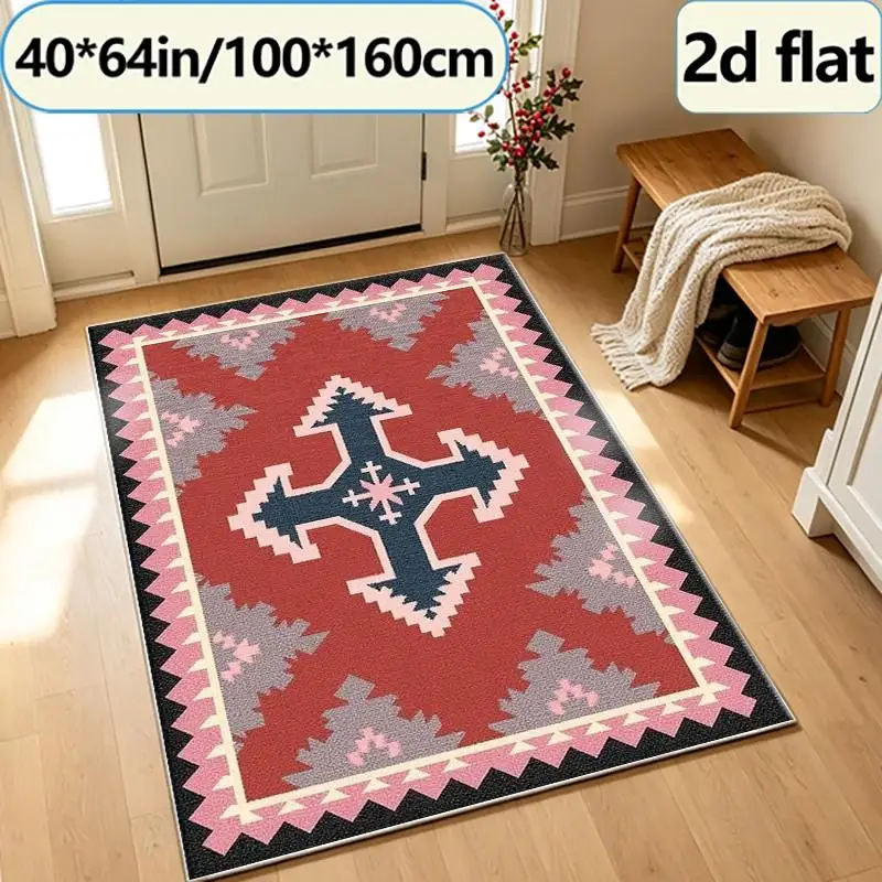 Red Pink Navy Blue Navajo Tribal Cross-Shaped Geometric Rug Bohemian Ethnic Pixel Pattern Non-Slip Square Decorative Rug