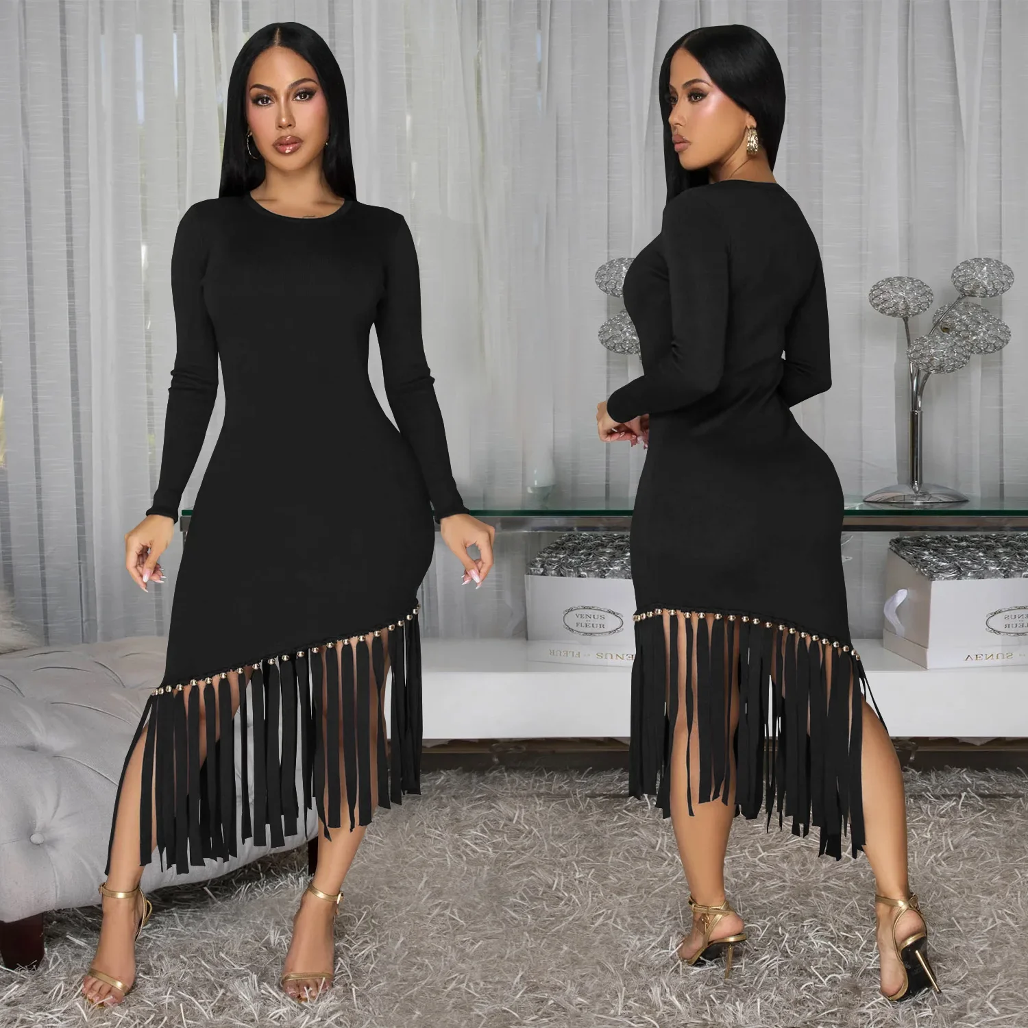 فستان خريف وشتاء للشارع للنساء سادة برقبة دائرية وأكمام طويلة وحاشية نحيفة فساتين طويلة ميدي عتيقة مثيرة Vestido2025