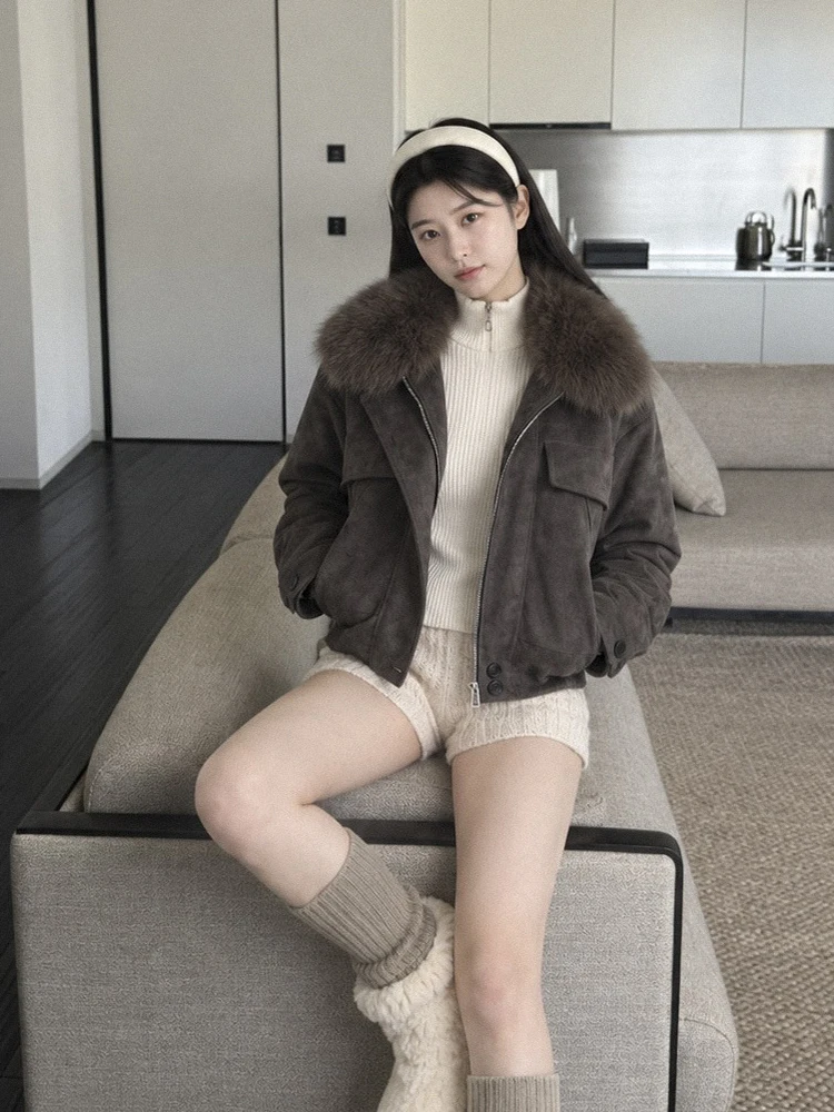 Winter Suede Double Zipper Short Jacket Female Detachable Big Fur Collar Down Jacket Women White Duck Down Warm Parker Outwears