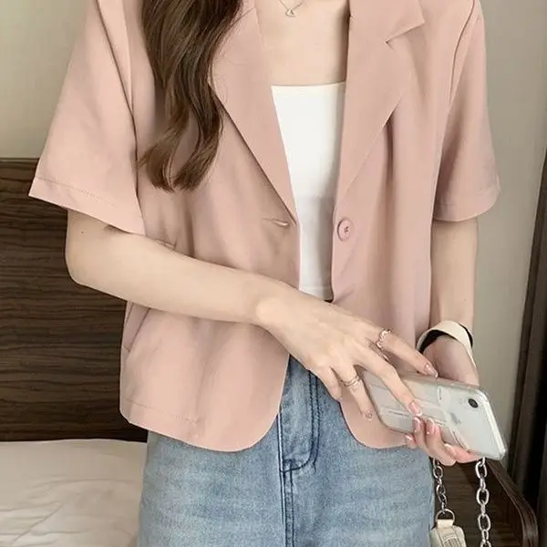 2024 Women\'s Summer Thin Korean Button Commuter Slim Short Casual Small Suit Top Fashion Short Sleeve FlatteringTailored Coat