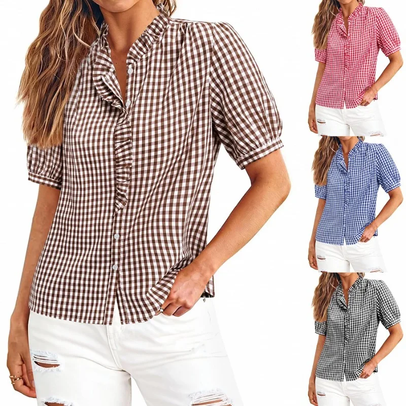 

Women's summer new fashionable casual button short sleeved loose checkered shirt