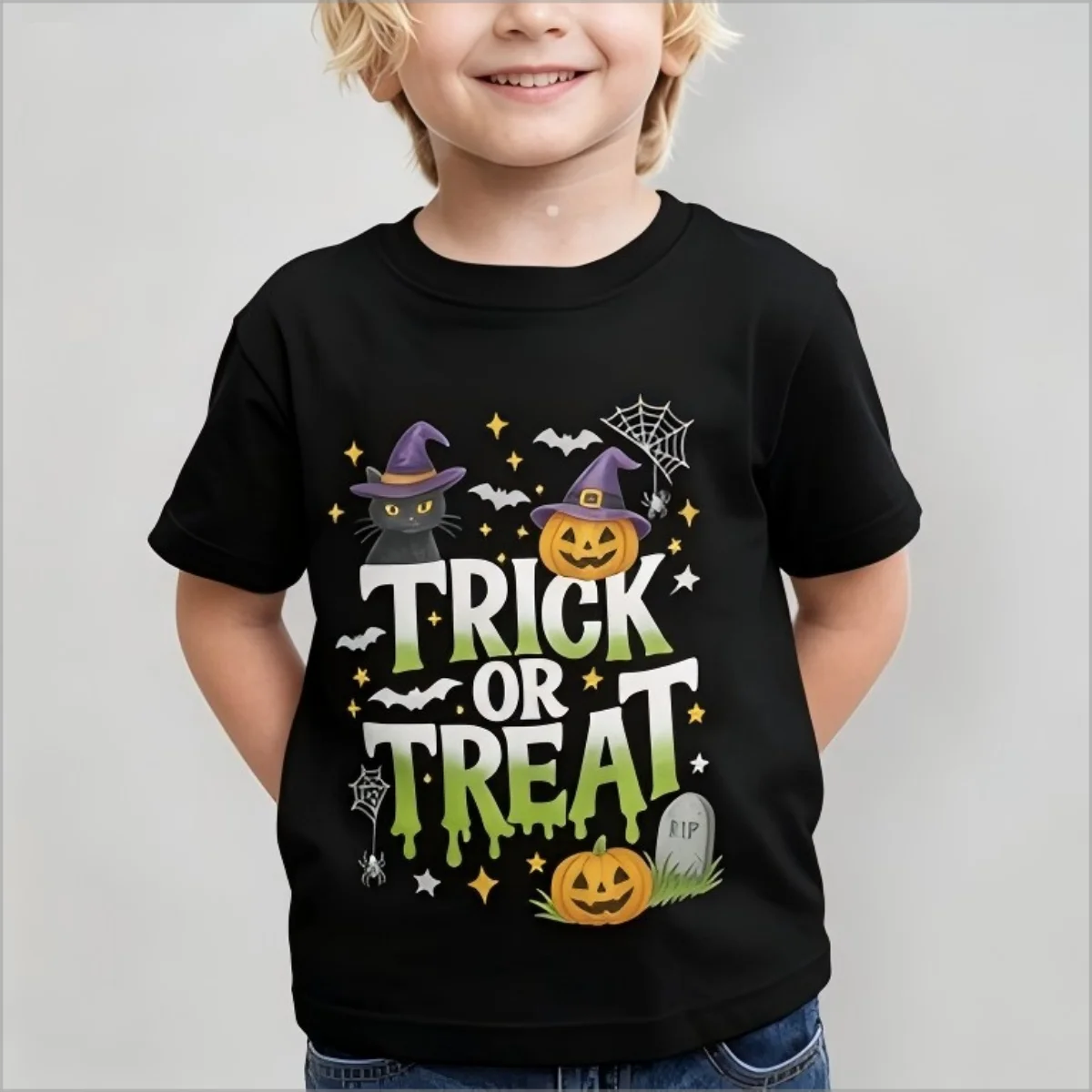 Trick Or Treat Kids T Shirt,  Witch Hat Graphic Tee, Bat Spider Web Print, Funny Halloween Party Casual Short Sleeve Top