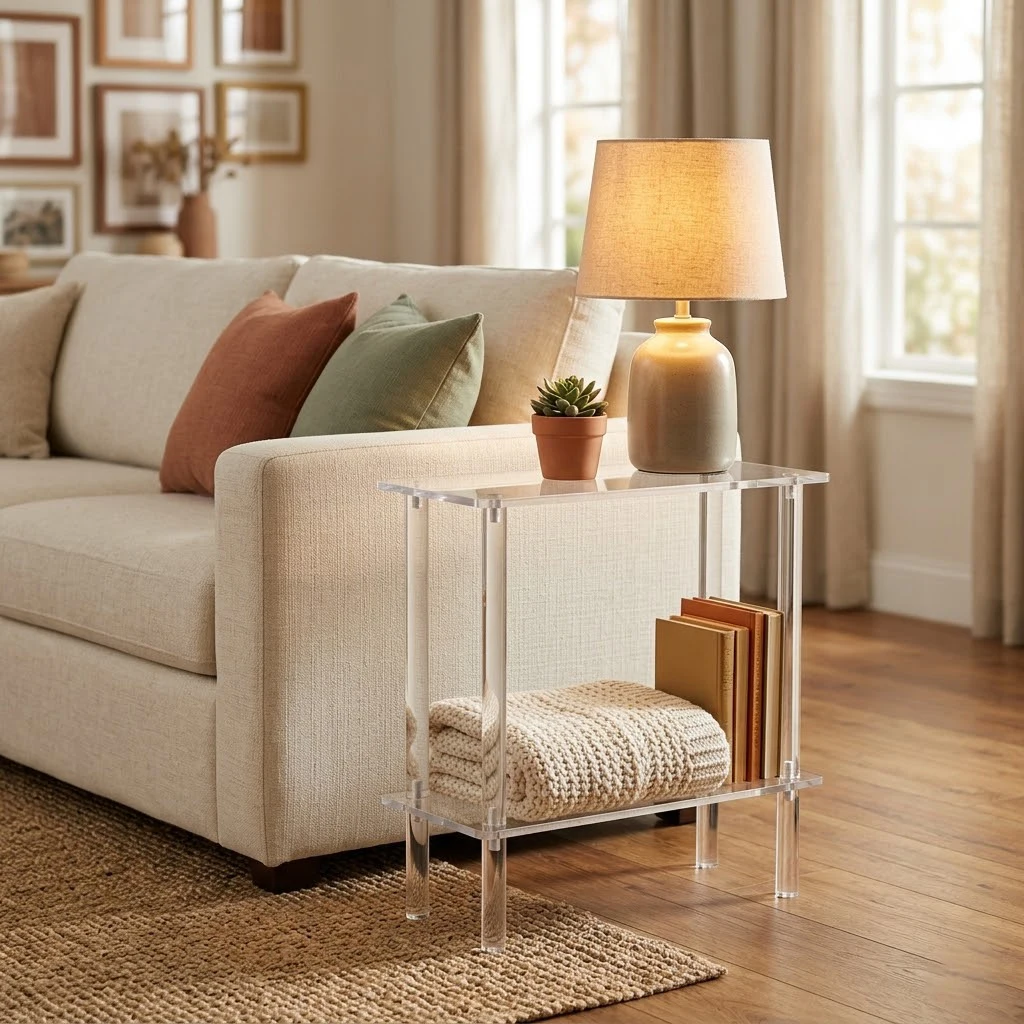 

Clear Acrylic Narrow Side Table, 2-Tier Slim End Table Nightstand for Small Spaces, 5.9" Depth Skinny Bedside Table for Bedroom, Living Room, Bathroom, Entryway