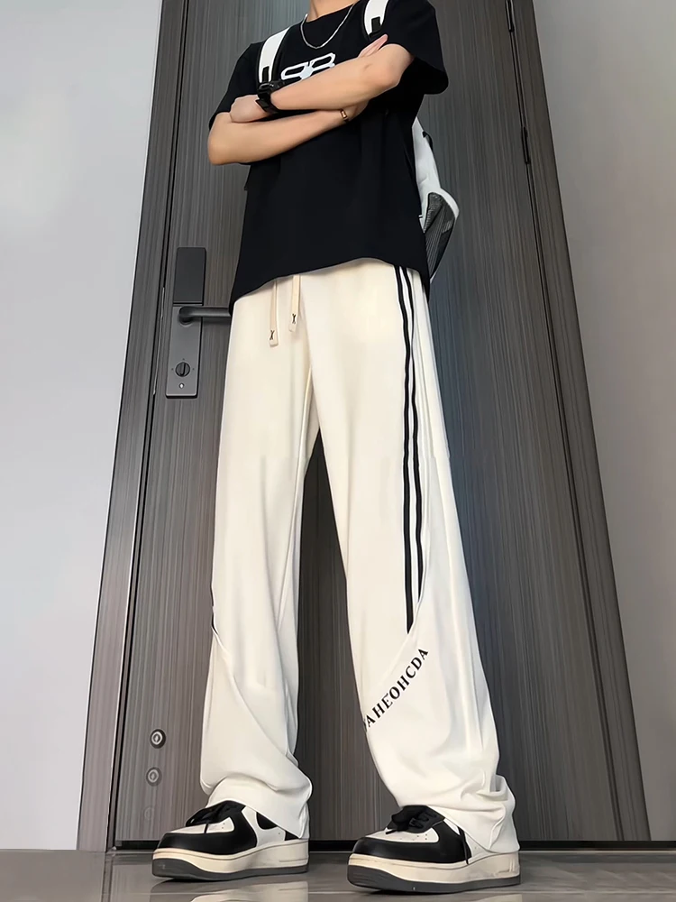 

Мужские повседневные брюки из ледяного шелка, летние, тонкие, прямого кроя, струящиеся, комфортные, спортивные, в стиле хип-хоп, с низкой посадкой, длинные штаны