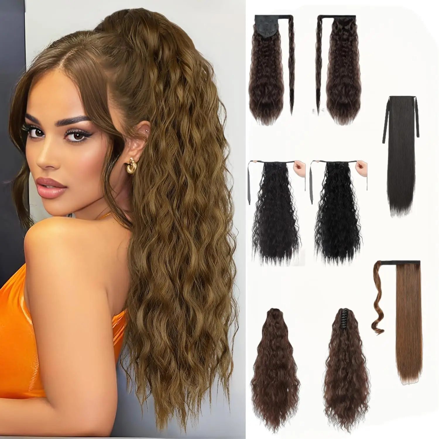 

Curly Ponytail Hair Extension Drawstring Ponytail Long Ponytail Clip in Ponytail Hair Extensions Wavy Synthetic Fake Hair Pieces