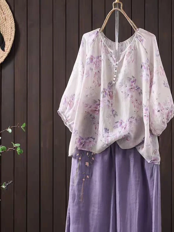 

Retro V-Neck Print 5/8 Sleeve Casual Loose Overhead Shirt Women's Fashionable Youthful Summer New Style Comfortable Breathable