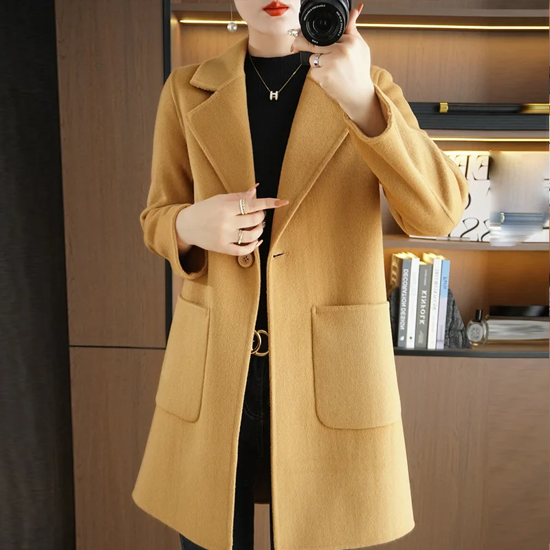 

2023 Winter New Women One Button Reversible Cashmere Coat Female Mid-Length Temperament Suit Collar Solid Color Woolen Outwear