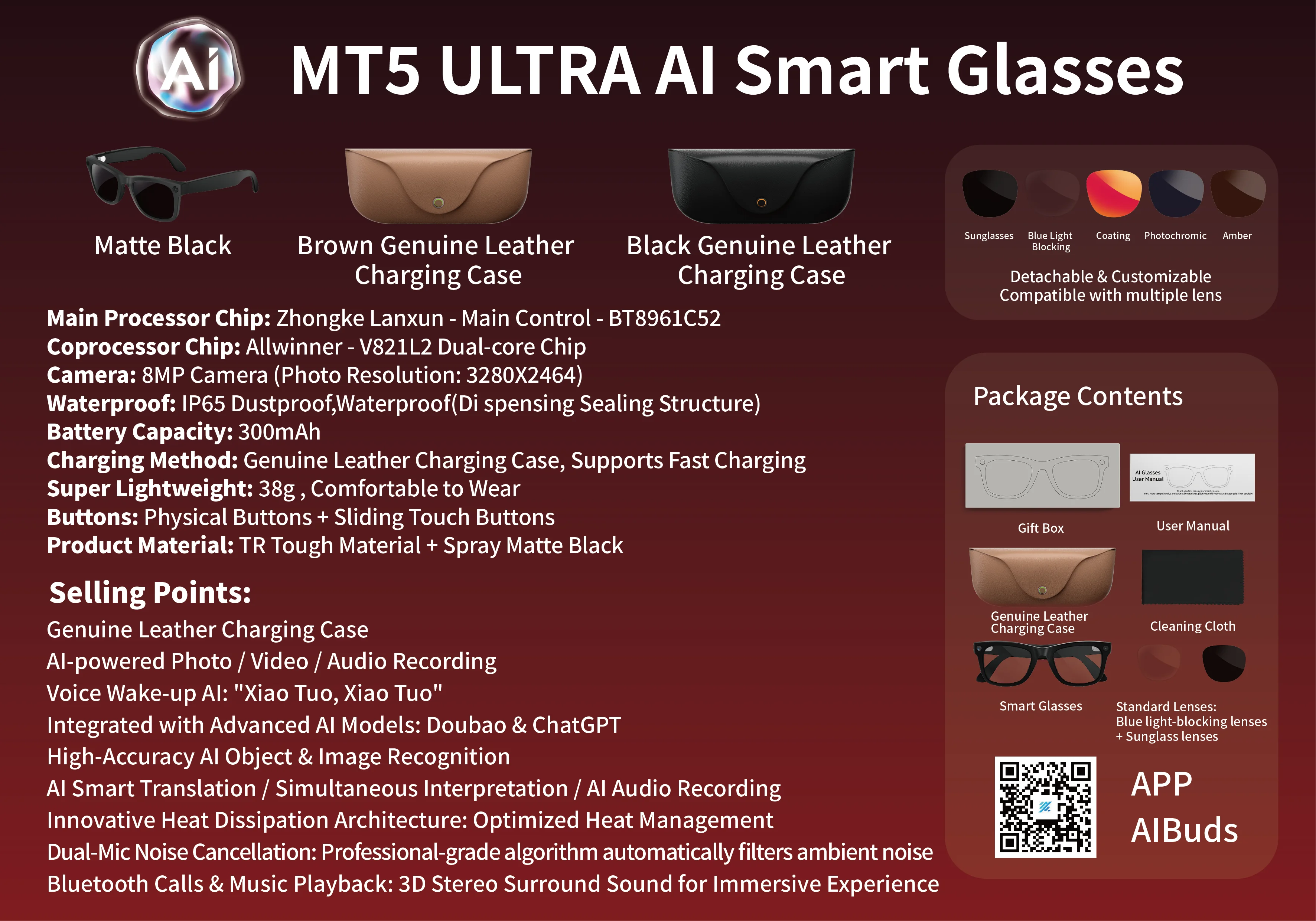 MT5 Ultra 8MP Camera Bluetrum BT8961C5 IP65 Waterproof WiFi Photo Transfer Smart Glasses with Standard Two Lenses Real-time