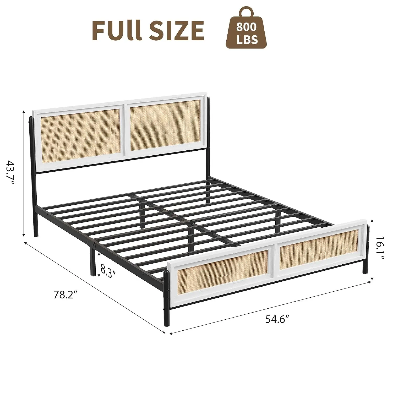 Natural Full Size Bed Frame Complete with a Rattan Headboard and Footboard, Noise-Free, Easy Assemble Wooden, Customized