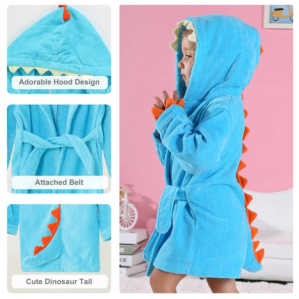 MICHLEY Baby Bathrobe Cartoon Dinosaur Cotton Hooded Soft Infant Bath Towel Robe Pajamas For Kids Boy Girl Children Winter 1-5T