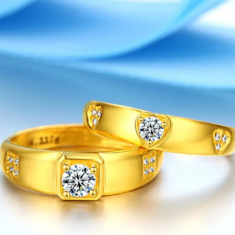 

Couple Ring 9999 24K Real Gold Men's and Women's Paired Ring Fashion Korean Version Inlaid with Heart-shaped Diamond Ring