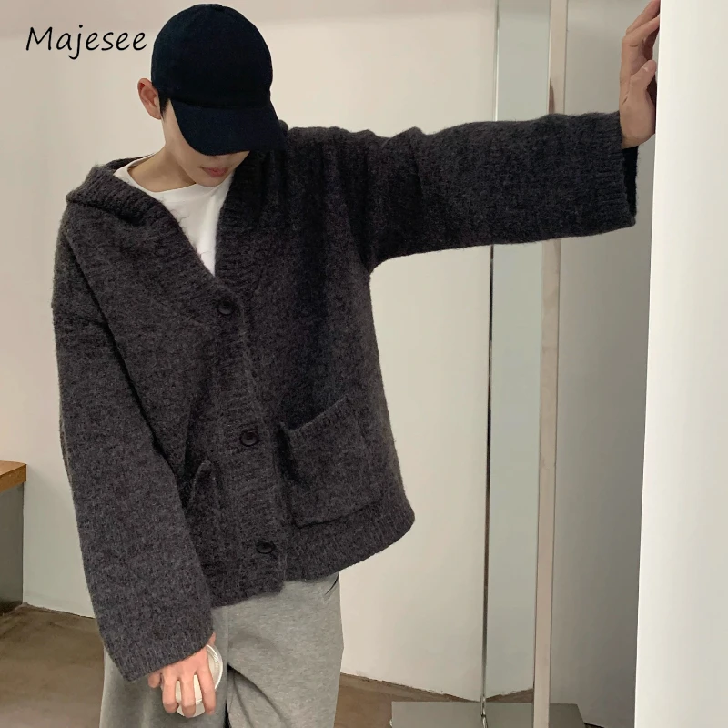 Hooded Cardigan Men Cozy Warm Knitwear Simple American Style Vintage Autumn Winter Soft Coats Lazy High Street Кардиган Мужской