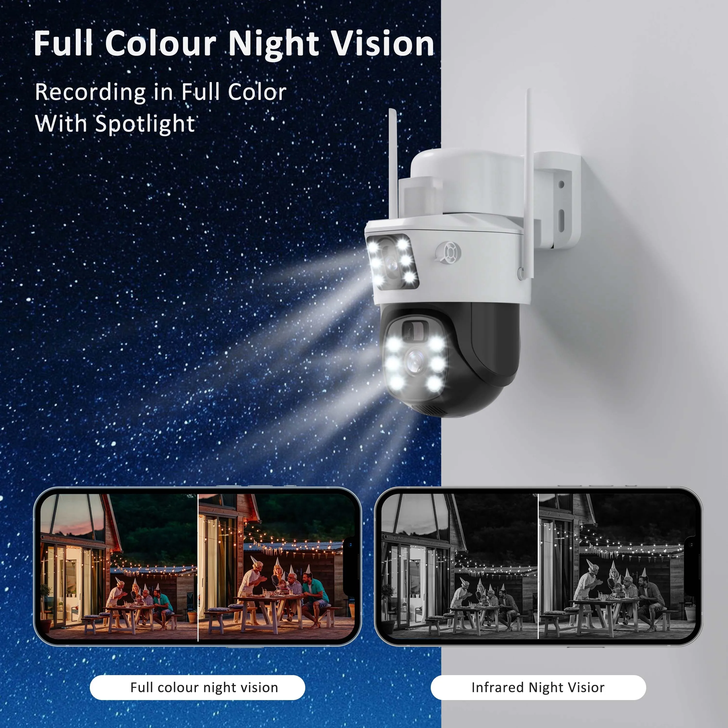 كاميرا IP للأمن بالطاقة الشمسية بدقة 4K بدقة 8 ميجابكسل وبطاقة SD سعة 32 جيجا 360 درجة °   عرض كاميرا مراقبة منزلية لاسلكية مقاومة للماء فيديو WIFI خارجية بعدسة مزدوجة