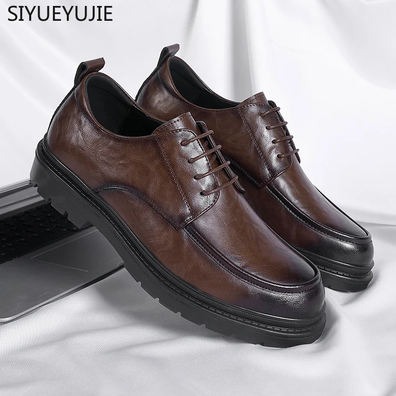 Men Leather shoes Platform Oxfords lace up Thick Tottom Male Derby Shoes lace up Casual Mens Square Toe Formal Dress Shoes men