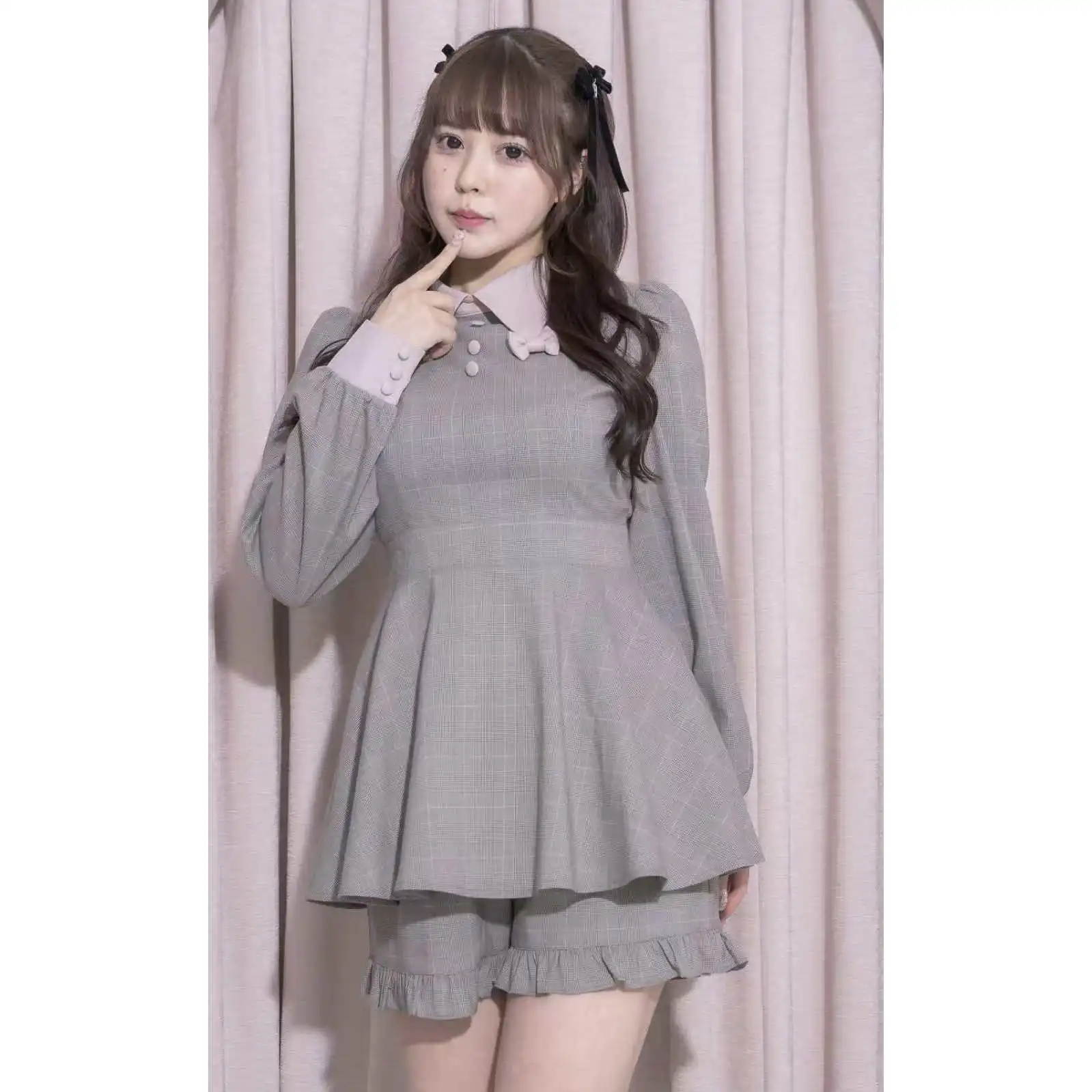 Otoño nuevo 2025 estilo japonés de las mujeres Slim Fit vestido de manga larga y pantalones cortos conjunto niñas dulce elegante Top corto conjunto de 2 piezas
