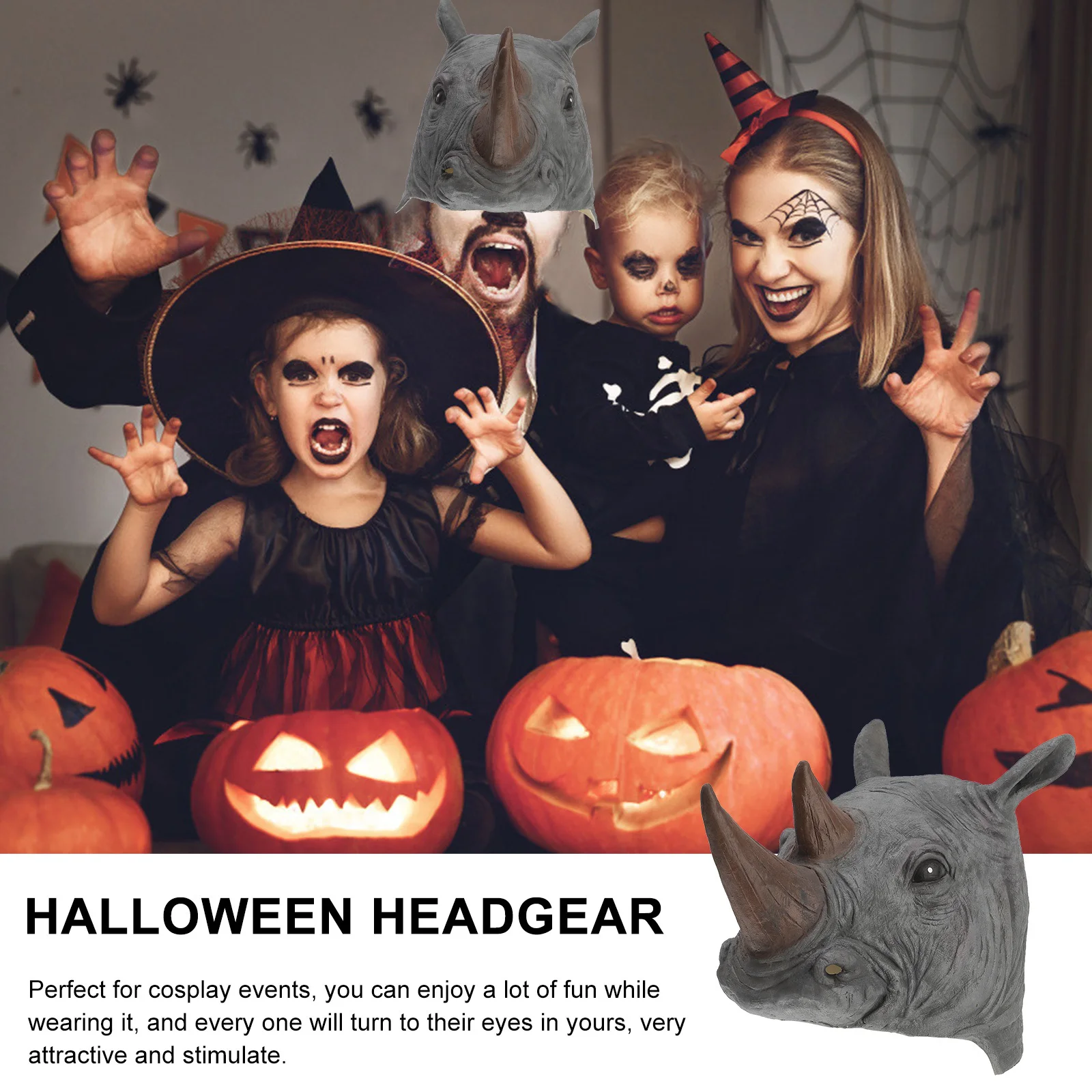 

Horrifying Latex Rhino Animal Headwear Durable Lightweight for Halloween Cosplay Party Funny Headwear Photo Props