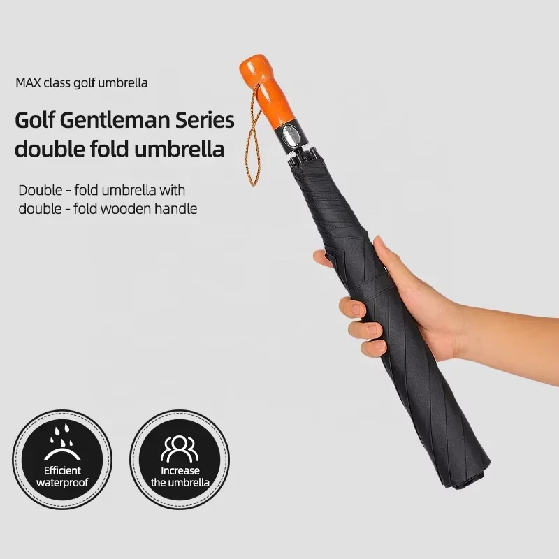 High-End Automatic Retro Solid Wood Handle Golf Umbrella Large Long Straight Pole with Nylon for Business Gifts