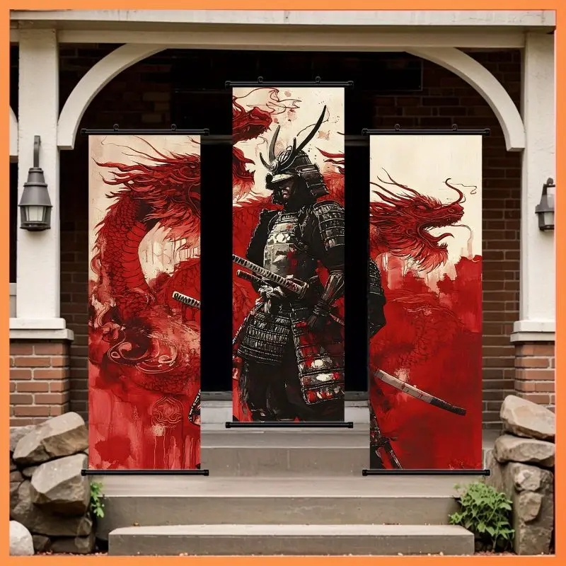 VIKAMA Crimson Dragon Bushi Wall Tapestry Armor Katana Noir Ink Splash Scroll Art Home Decor Soft Plush Durable Cozy Aesthetic