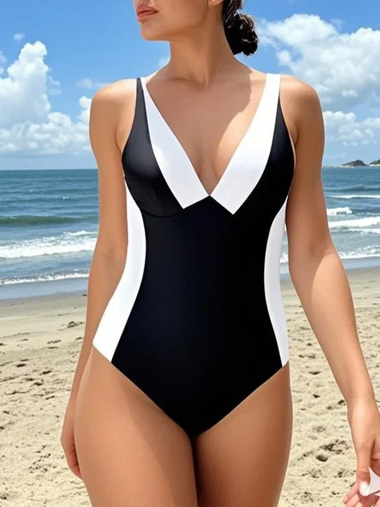 UETEEY 2025 ชุดว่ายน้ําฤดูร้อนใหม่ One Piece ชุดว่ายน้ําเกาหลีเซ็กซี่เสือดาว V คอ One Piece ชุดว่ายน้ําผู้หญิงชายหาดบิกินี่