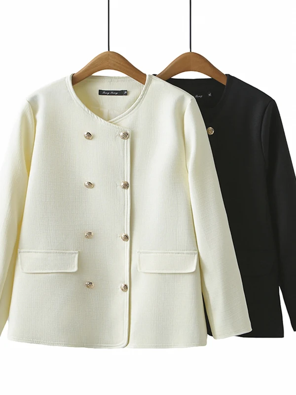 plus Size Women's Spring Autumn New Style Slimming Belly Covering Small Fragrance Style Double Row Metal Button Jacket Pure C...