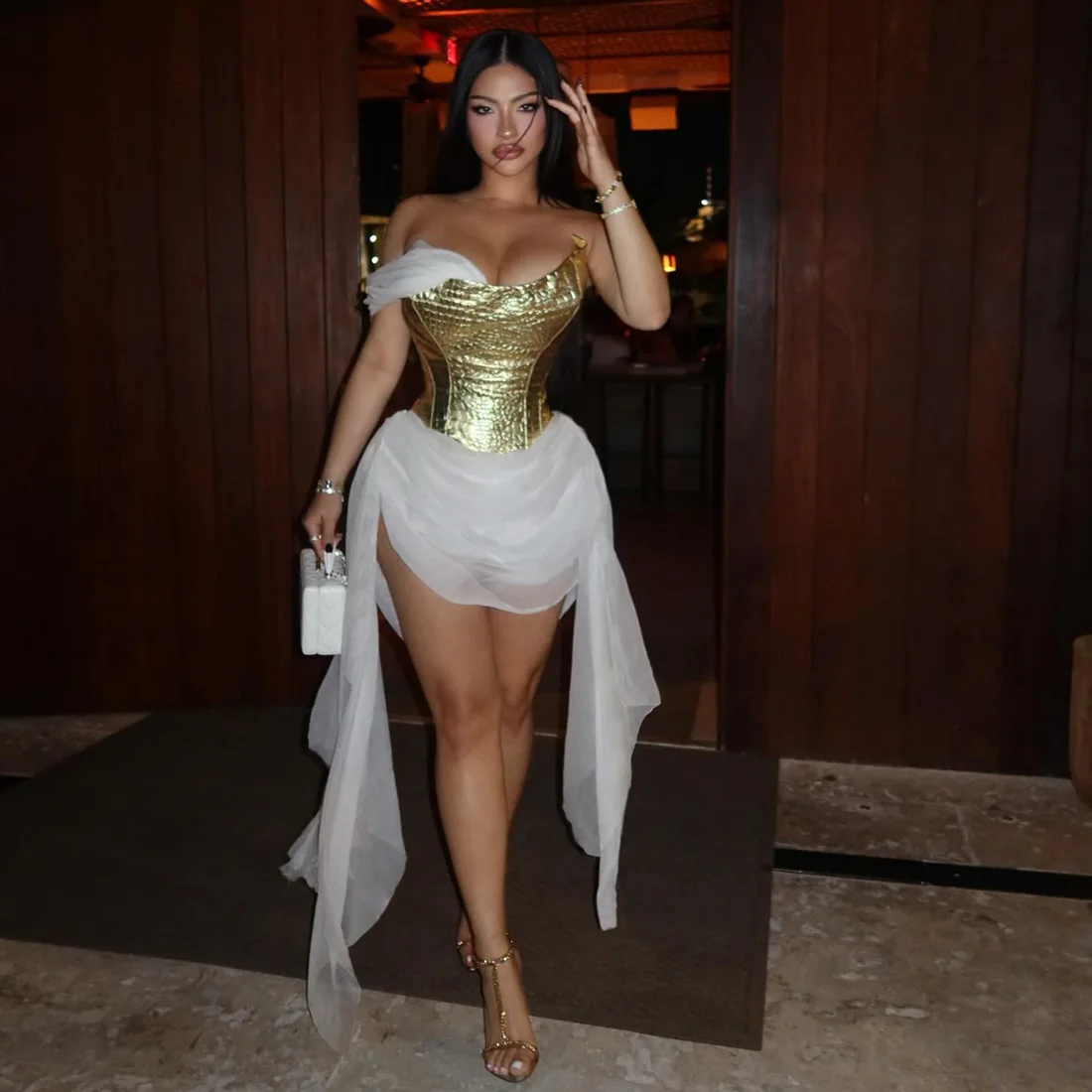 Patchwork Metallic Gold Corset Dress One Shoulder Irregular Ruched Mesh Bodycon Party Clubwear