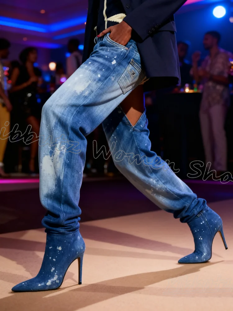 

Jeans Pant Boots Over The Knee Denim Cloth Blue Fashion Luxury Elegant Concise Sexy Pointy Heels Mixed Color Spicy Girls Shoes