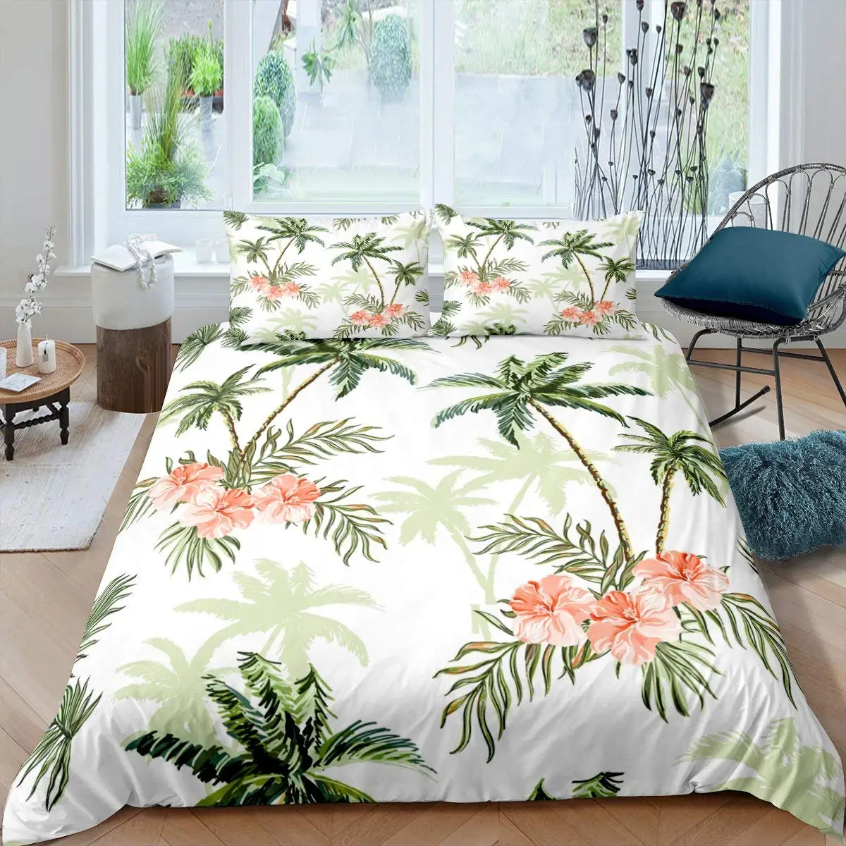 

Coconut Trees Duvet Cover Set Vintage Red Flower Hawaiian Tropical Leaves Comforter Cover Palm Tree Bedding Set with Pillowcase