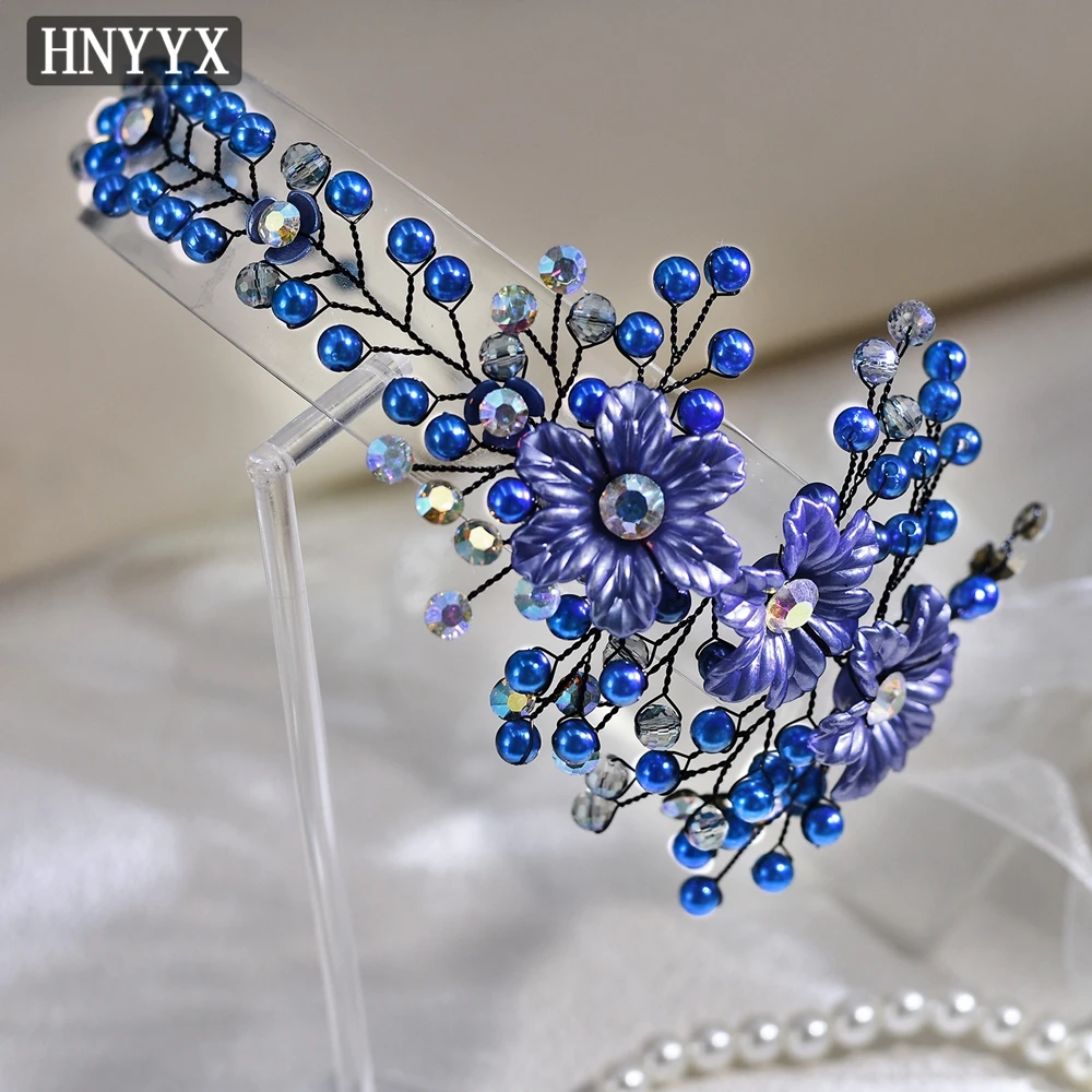 HNYYX Luxury Wedding Bridal Belt Sparkling Crystal Flower Belts for Elegant Women Dress Prom Blue Pearl Sash SA224