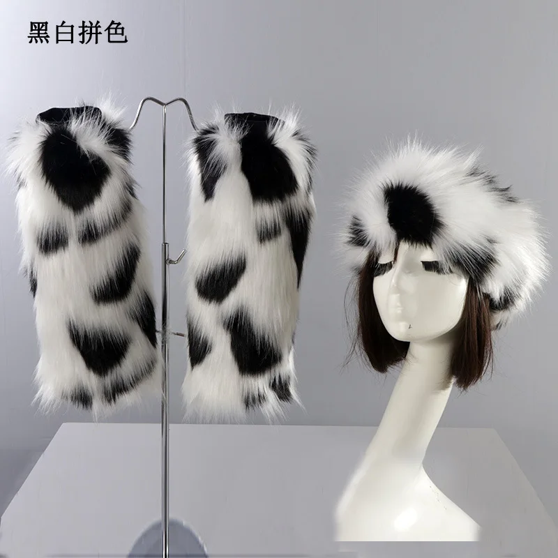 Women's Faux Fur Hat & Leg Warmers 2Pcs Set, Winter Thick Warm Empty Top Hat, Fluffy No Brim Cap, Multi-color Furry Leg Covers