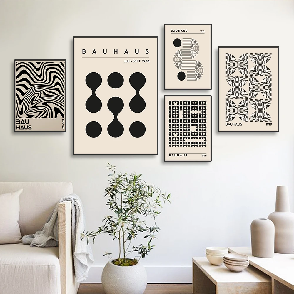 Abstract Bauhaus Style Geometric Wall Art Posters Prints Picture Vintage Black Beige Line Diamond Paintings For Modern Home De