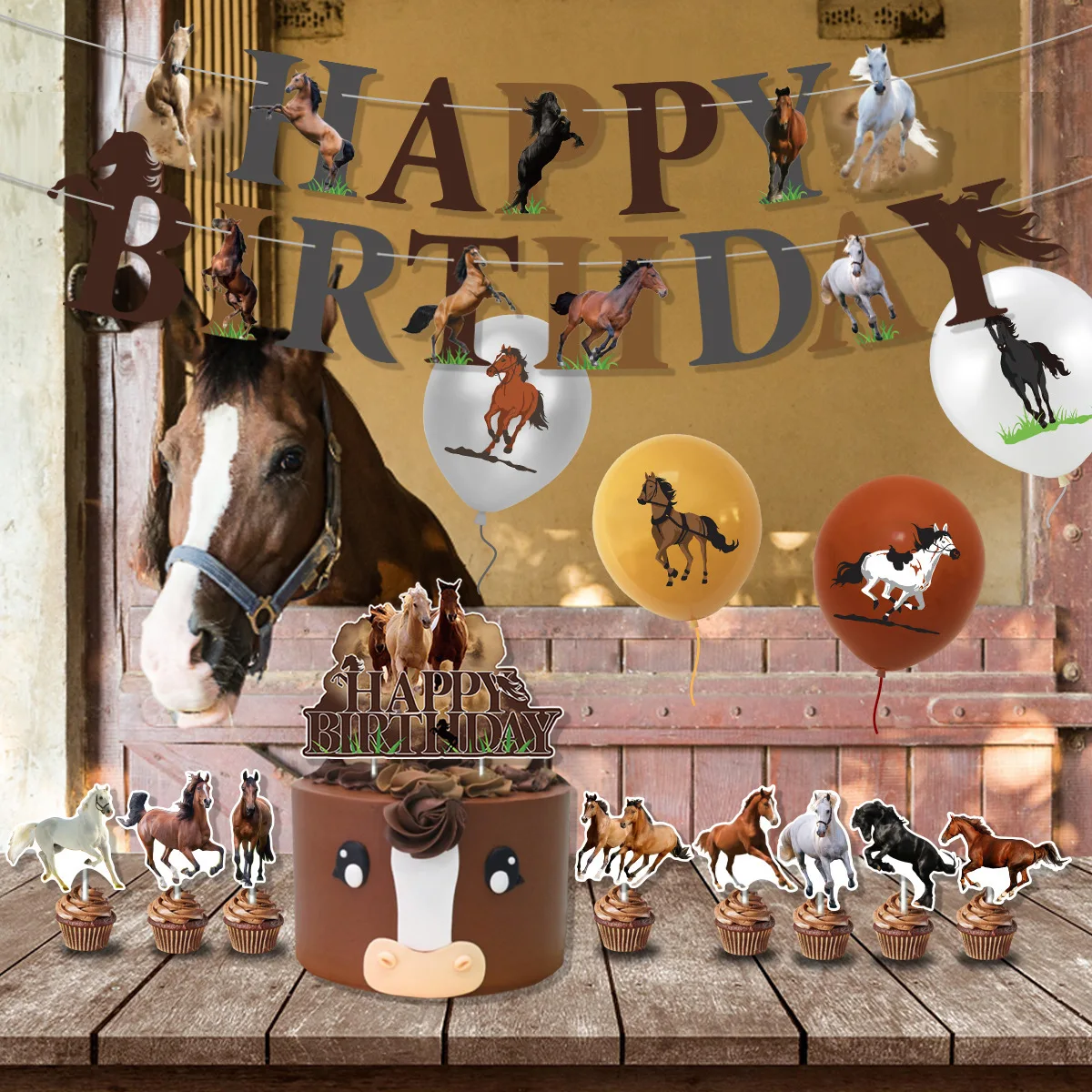 1 Set Cowboy Horse Theme Birthday Party Decoration Banner Cake Topper Giant Horse Aluminum Film Balloon PVC Horse Head Kids Toys