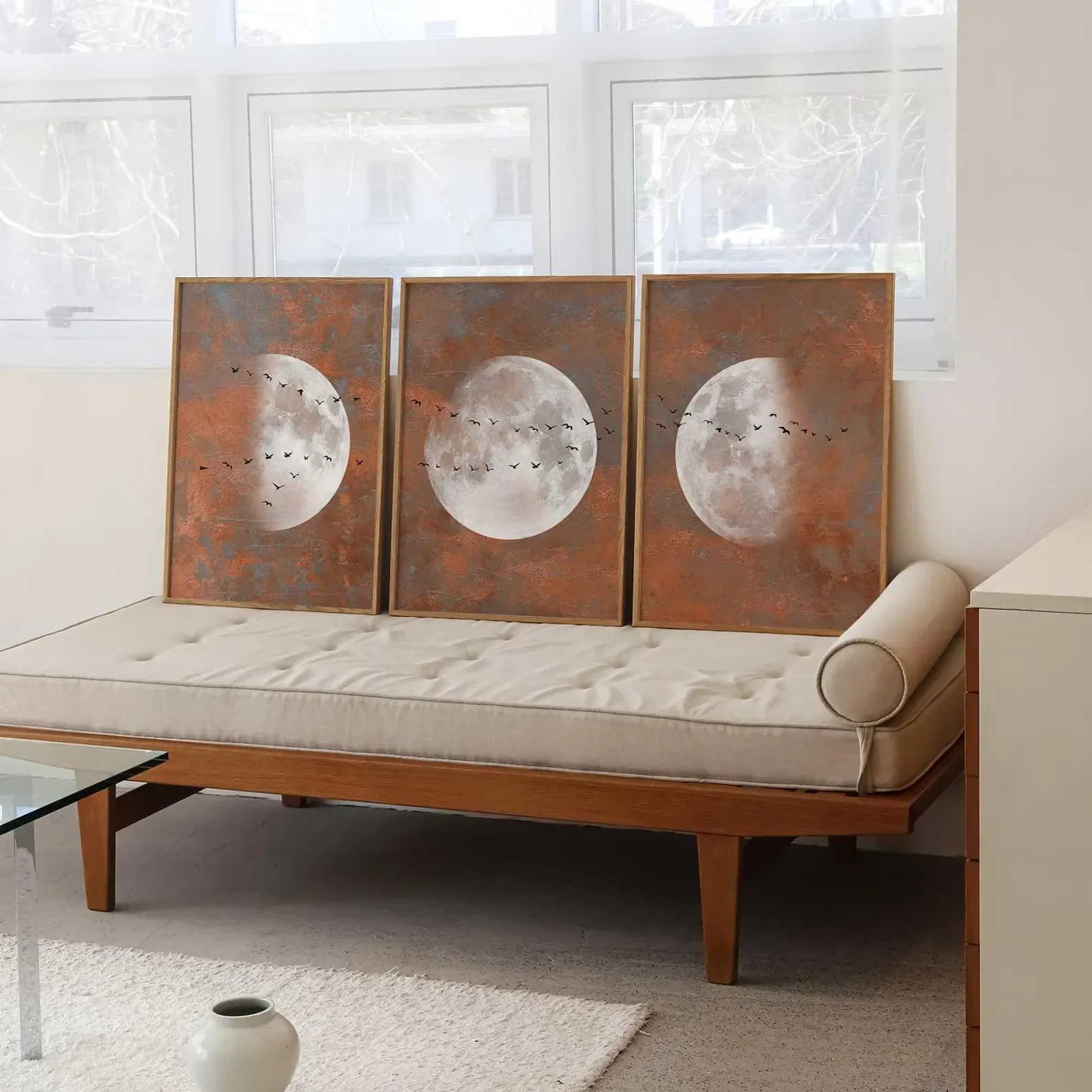 3pcs frameless Canvas Painting 3PCS Bronze Japandi Prints  Mystical Moon Phase Poster  Flock of Birds Orange Beige Wall  Art  Ca
