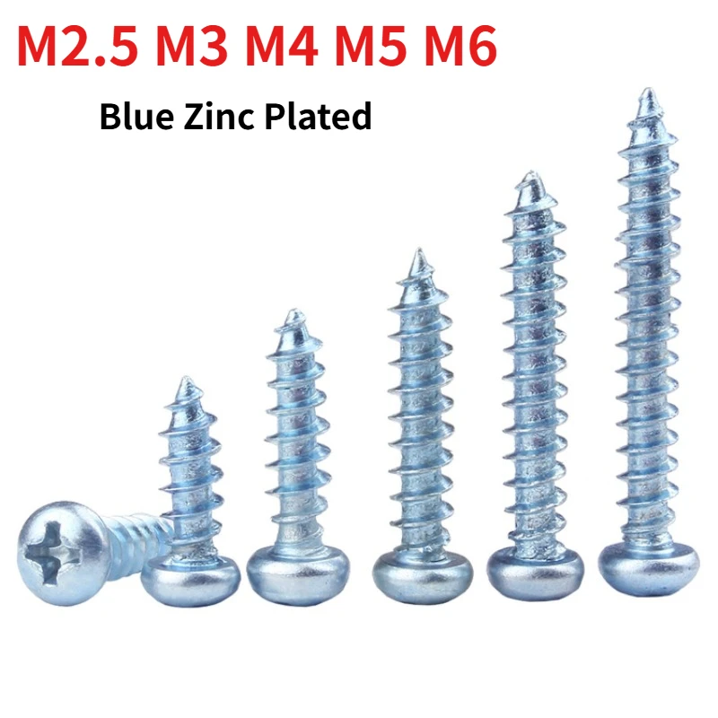 M2.5 M3 M4 M5 M6 Blue Zinc Plated Phillips Pan Head Self Tapping Screws Round Head Self-tapping Fasteners for Wood & Plastic