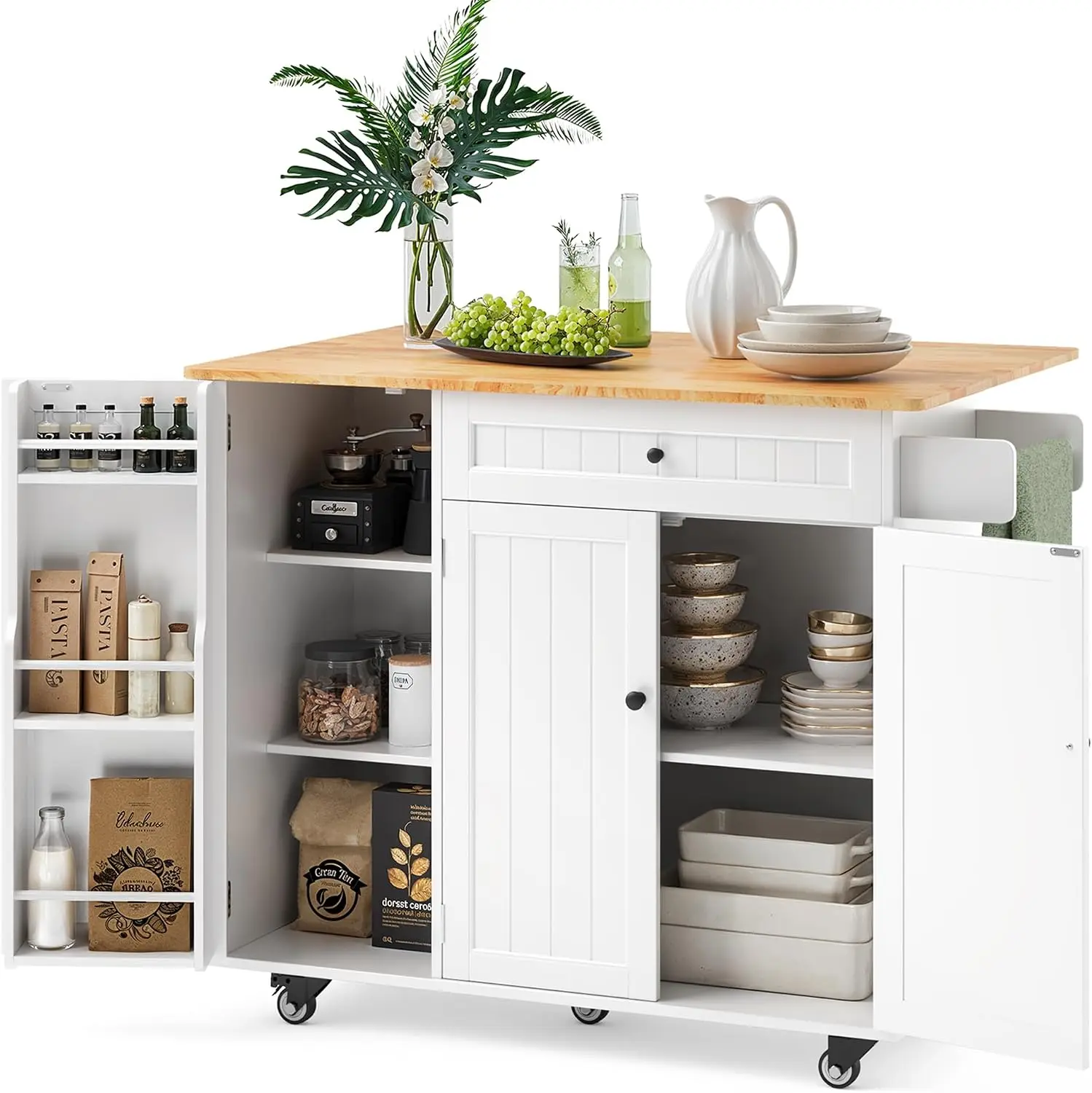 Rolling Kitchen Island with Storage, Drop Leaf and Drawer, White | Island Table for Kitchen with Drop Leaf, 5 Wheels, Interal