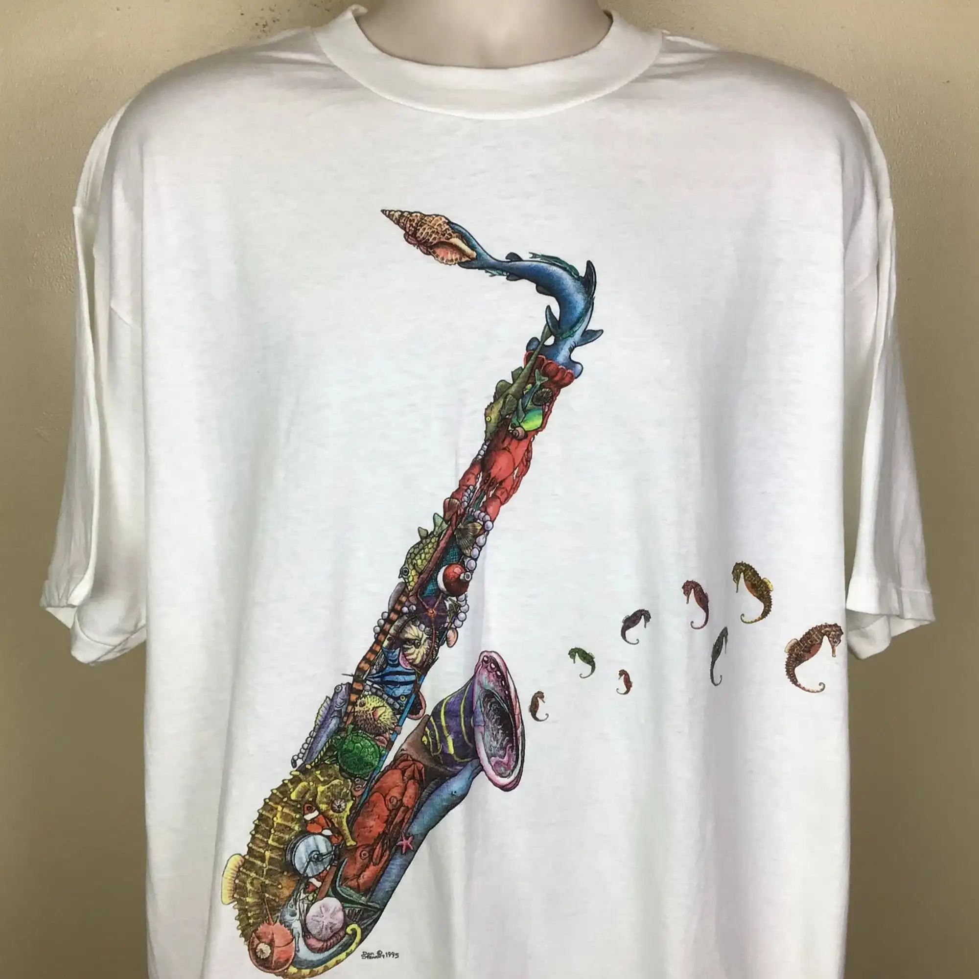 Vtg 1995 NWT Fish Saxophone TShirt White XL 90s Don Stewart Musical Scales Deadstock