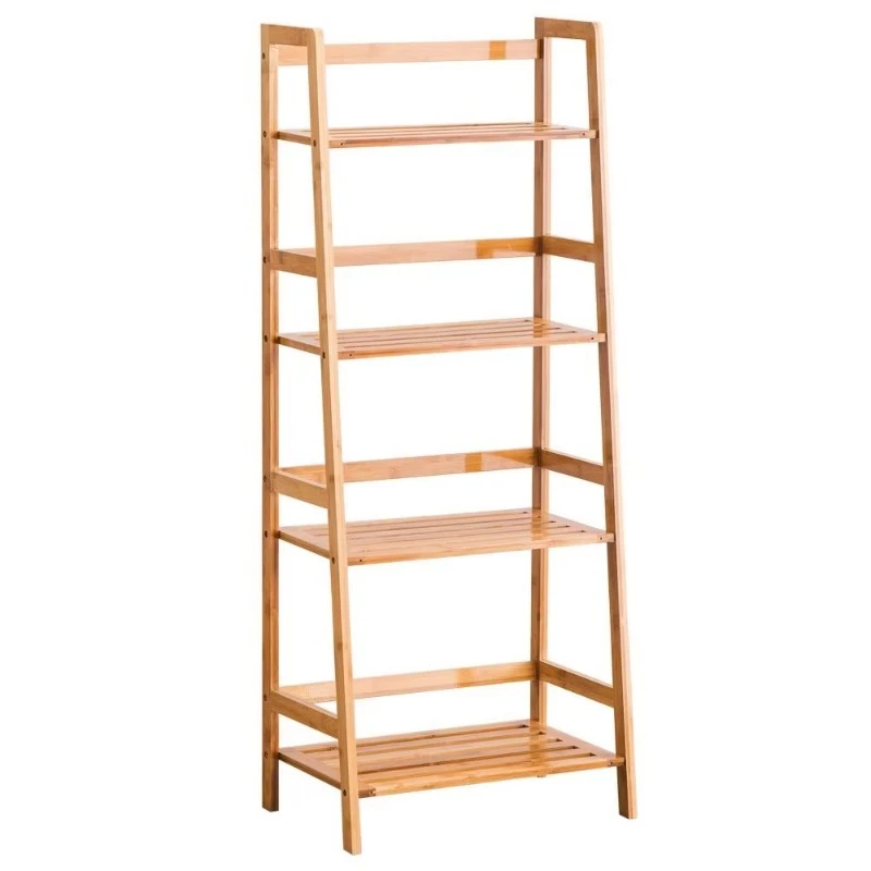 Multifunctional trapezoidal four-layer bamboo bookcase with plant stand, flower pot display stand