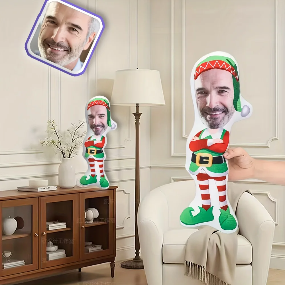 Custom Christmas Reindeer Face Pillow DIY Photo Cushion 2D Printed Plush Toy Funny Santa Hat Red Nose Decorate Girl Adults Gifts