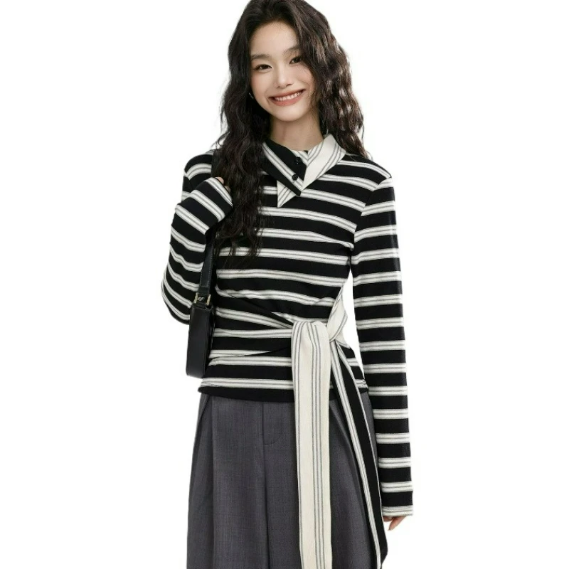 

Tie Irregular Lapel Striped Long-sleeved T-shirt for Women In 2026 Spring and Autumn New Style Fashionable Design Versatile Top