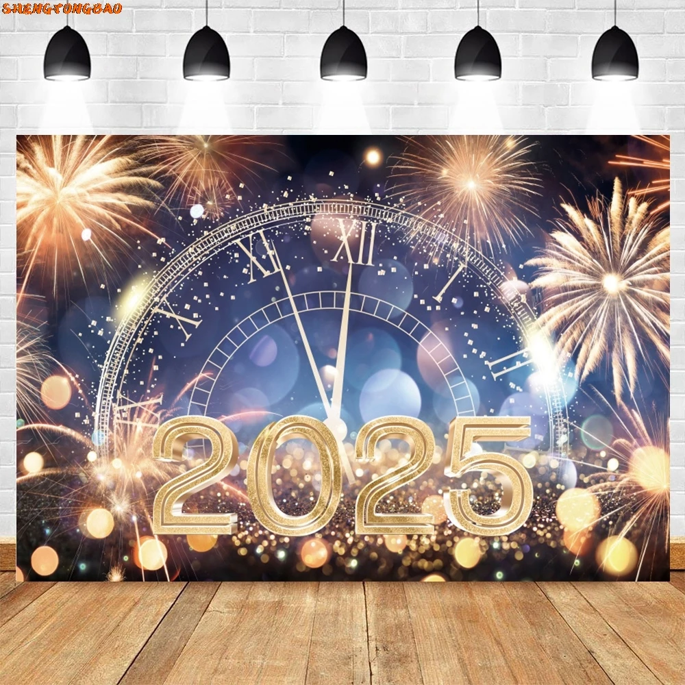 2025 Happy New Year Photography Backdrop Golden Glitter Fireworks Champagne Celebrate Party Family Portrait Photo Background